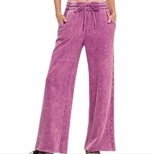 Zenana  Acid Washed  Fleece Palazzo  Sweatpant with Pockets Size M Light Plum